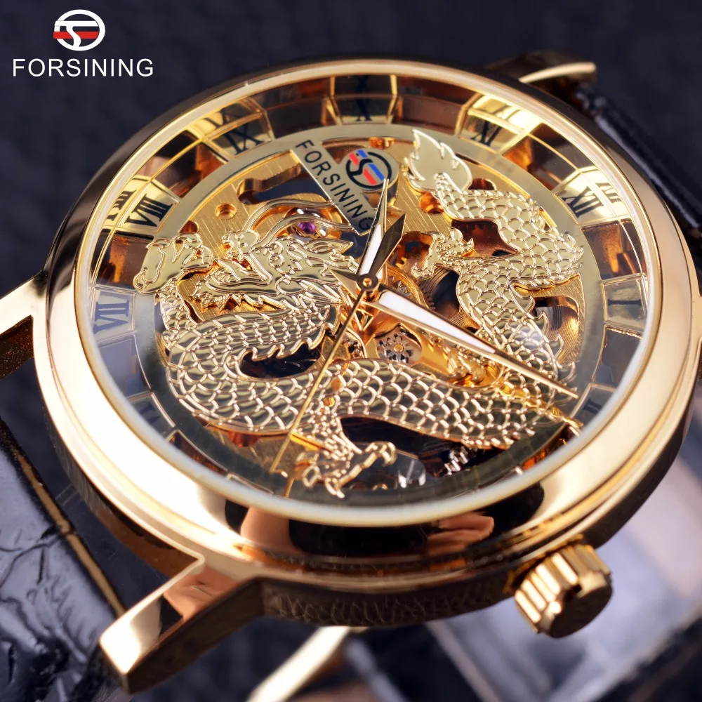 

Forsining Watch Top Brand Luxury Dragon Skeleton Design Transparent Case Gold Watch Mens Mechanical Automatic Watches Men Wrist, 3 colors