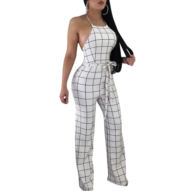 

Women Grid Halter Sexy Backless Party Jumpsuits Long Pants, Black;white