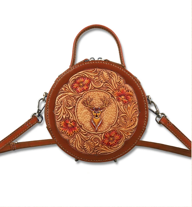 

2019 fashion genuine leather female crossbody embossed flower and retro vintage large round shoulder bag for women
