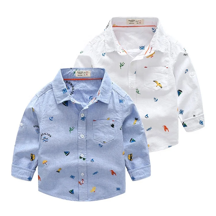 

China Supplier Good Quality Fancy Printing Boys Long Sleeve Shirt Boys Gentleman Shirt Kids Boutique Clothing, White;light blue