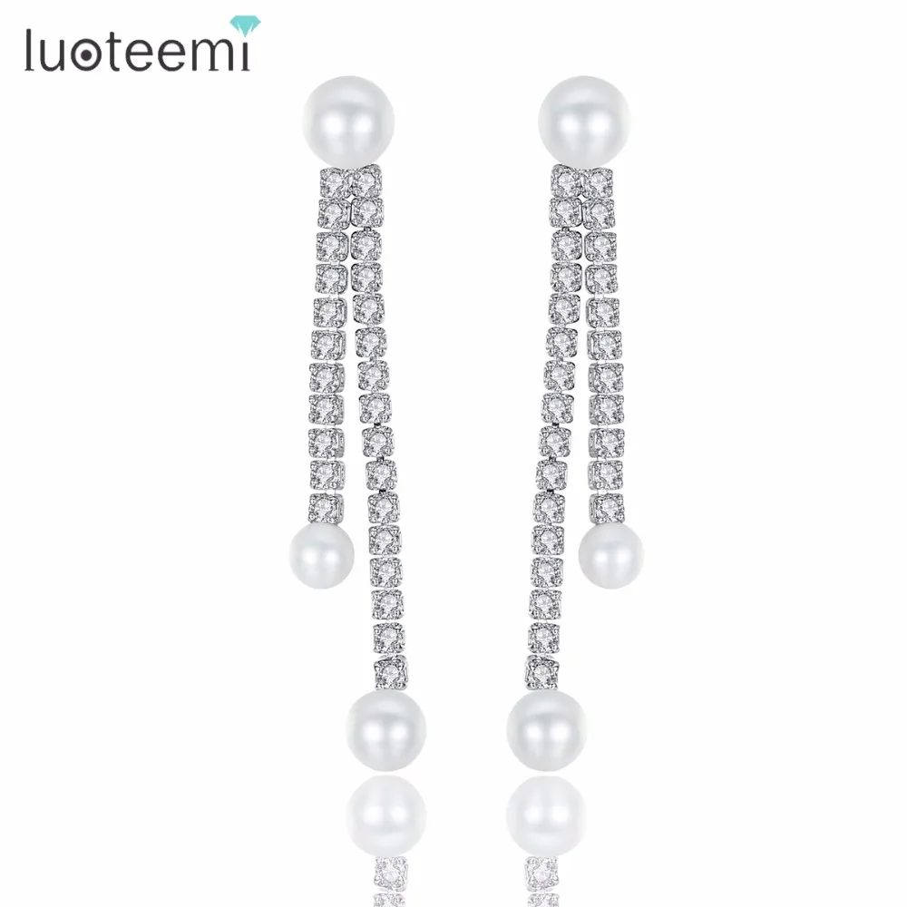 

LUOTEEMI Silver Tone New look Wedding White Pearls With Clear Round CZ Tennis Bridal Drop Earrings