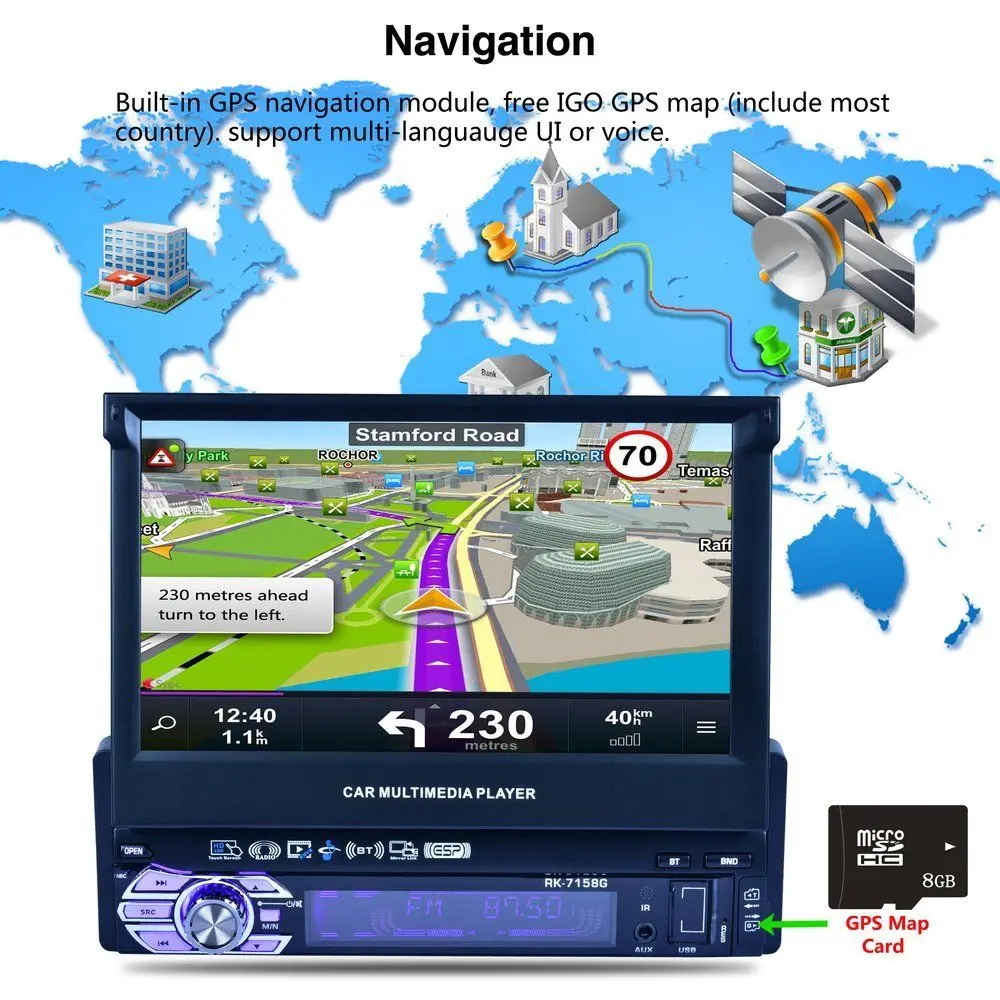 Letouch Autoradio Bluetooth Stéréo GPS 1Din 7'' Écran Auto