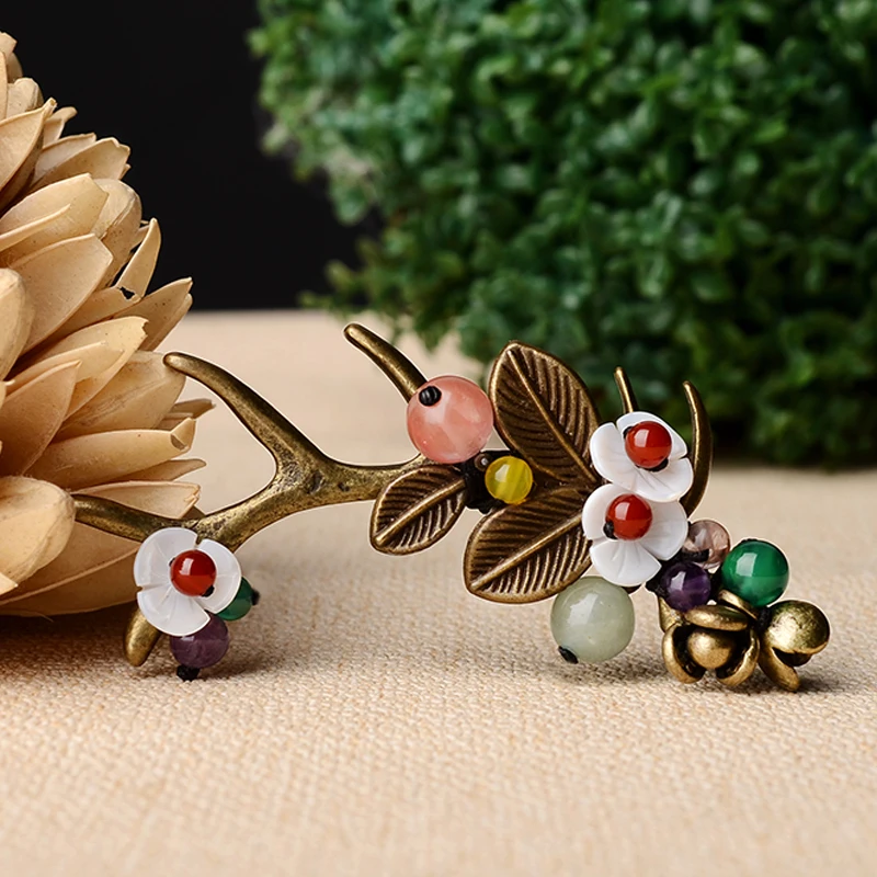 

copper Deer Horn Fashion sea shell vintage brooch,watermelon crystal ethnic brooch pins, new flowers brooch, N/a