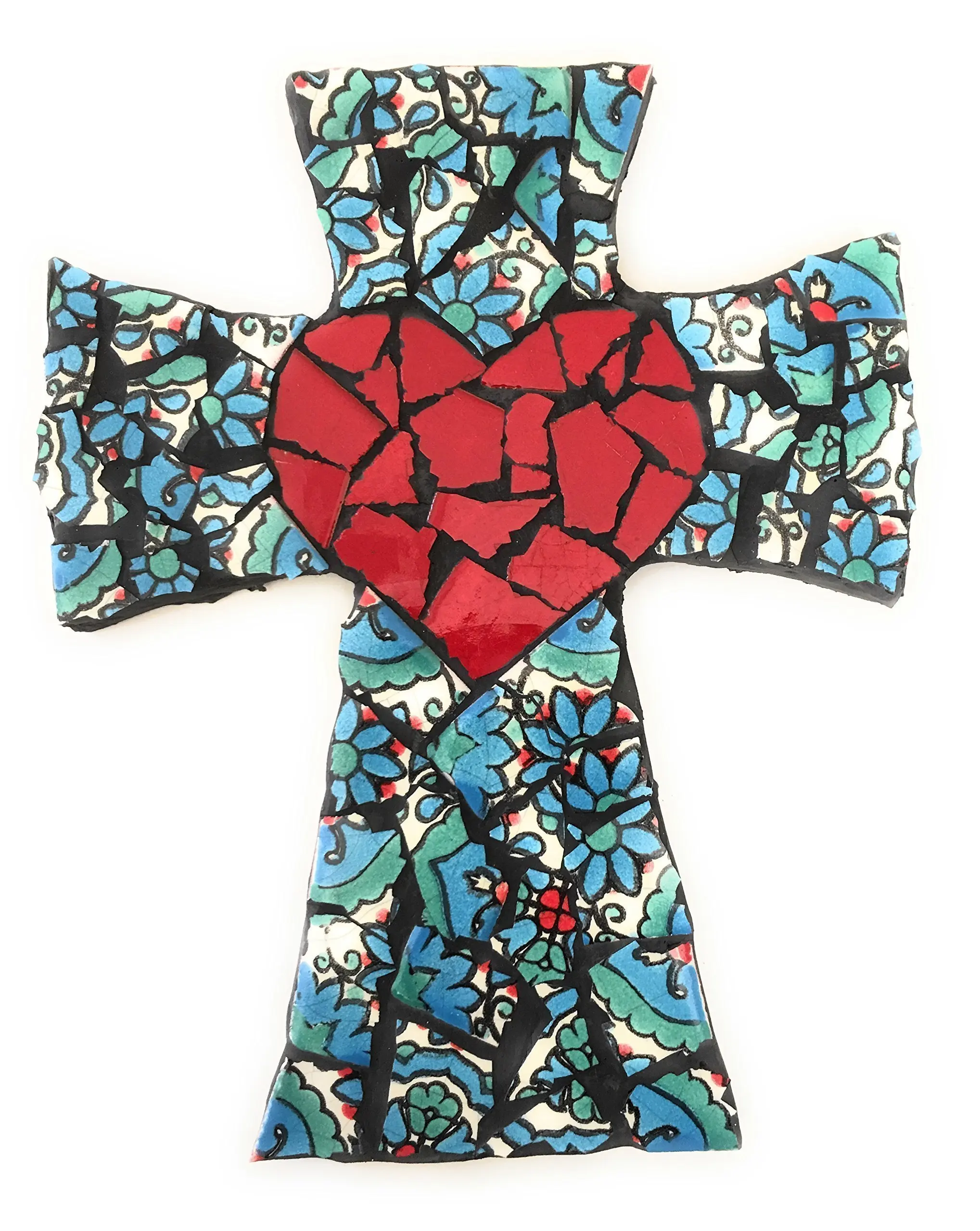 Mexican Tile Talavera Wall Cross Mosaic Red Heart and Multi colored tile