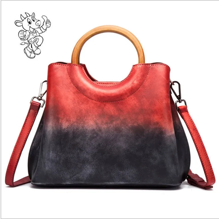 

China Supplier 2019 Retro Luxury Panelled Brush Color Cowhide Leather Ladies Tote Hand Bags Handbags