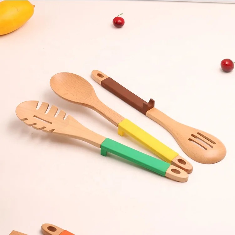 New Design Wood Kitchen Utensil Set Silicone Handle For Cooking Spoons ...