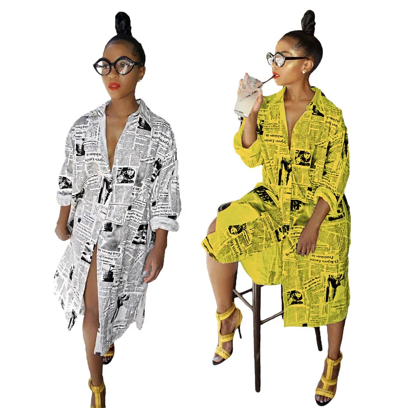 

2019 New Arrivals Summer Fashion Women Casual Slash Neck Loose Newspaper Pattern Print Tunic Shirt Dress, Shown