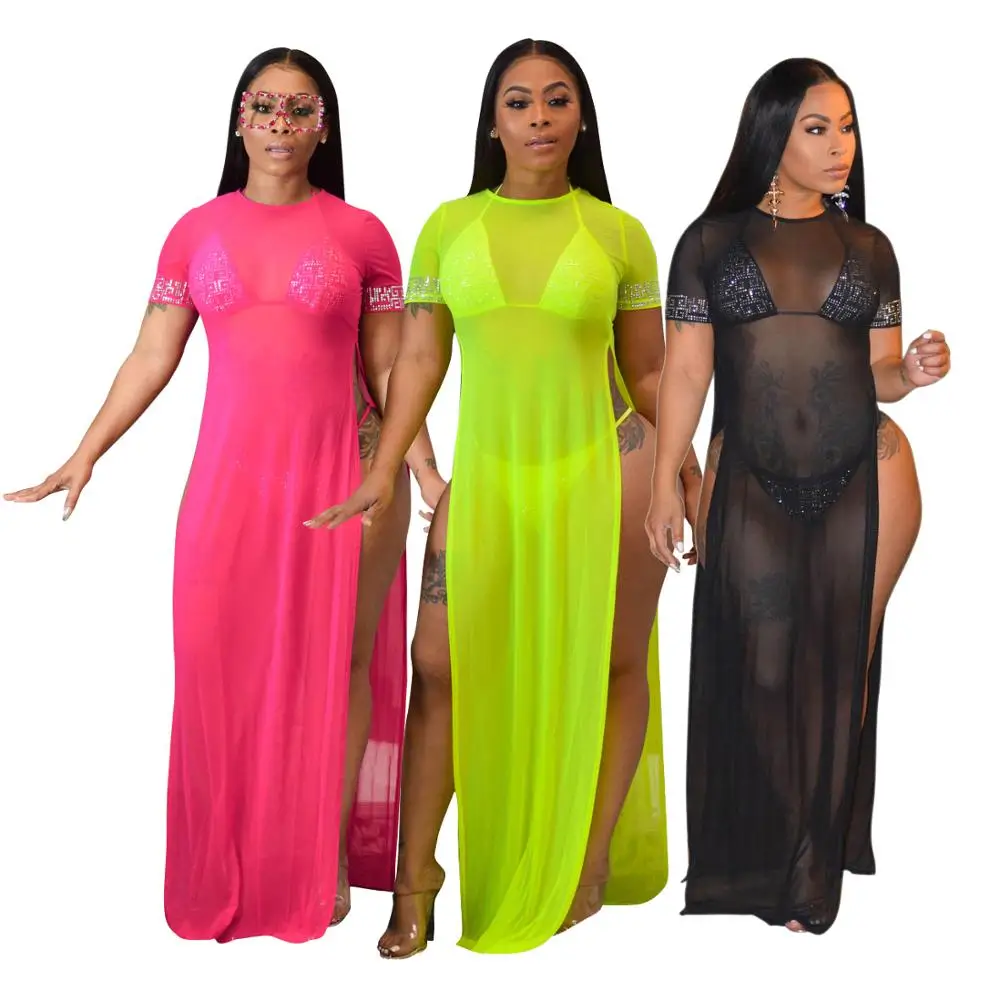 

Ready to ship Women plus size sexy hot transparent sheer see thought beach wear swim cover up, Shown