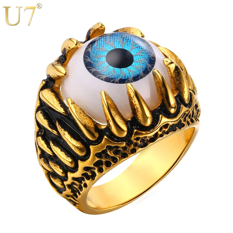 

U7 Turkish Blue Eye ring 18k Gold Plated Men Amulet Charms Stainless Steel championship ring Punk Band Biker Evil Eye Rings, Gold/stainless steel ring