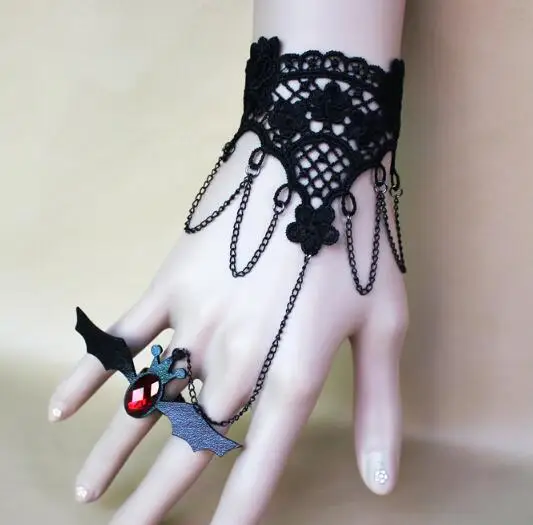 

Gothic Halloween vampire black lace slave bracelet with a bat ring