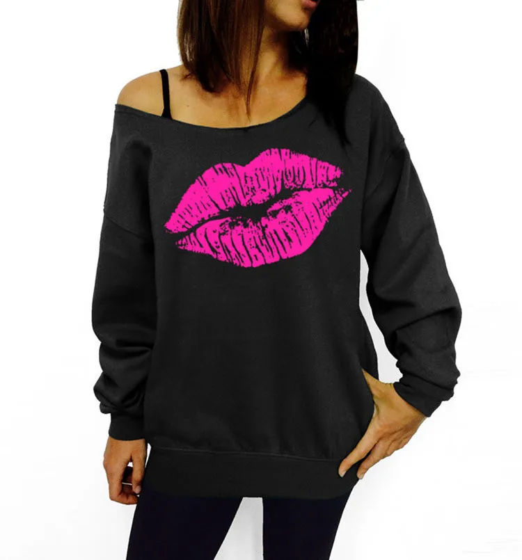 

High Quality Plus Size Sexy Red Big Lips Printed Off Shoulder Long Sleeve Women Pullover Sweatshirts, Picture