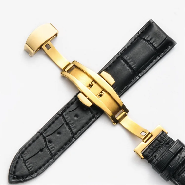 Genuine Leather Watch Strap Stainless Steel Butterfly Double Buckle