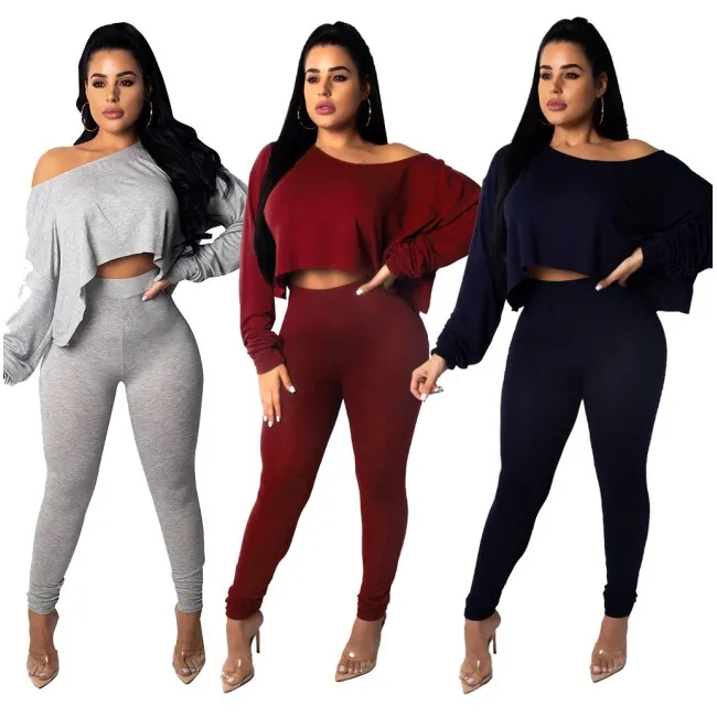 

Tracksuit Suit 2 Piece Set Sexy Boat Neck long sleeve Top Full Length Pants Women clothing Two Piece Set A059
