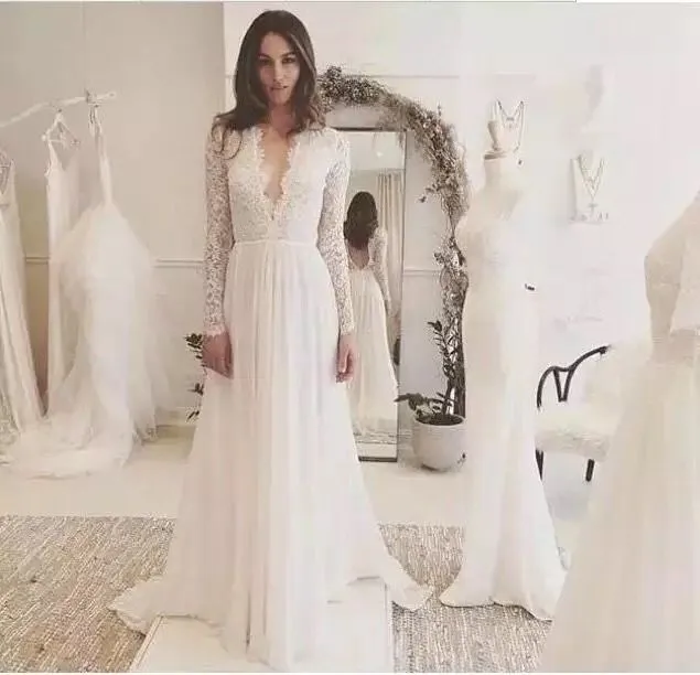 

very sexy plunging v neck low back long sleeve lace tulle designer wedding dress sale available, Ivory