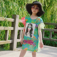 

Fashion Kids Girls Green Boho Dress With Side Tulle Children Girls Stylish Girl Head Portrait Linen Dress for 3-7T Girl Outfit