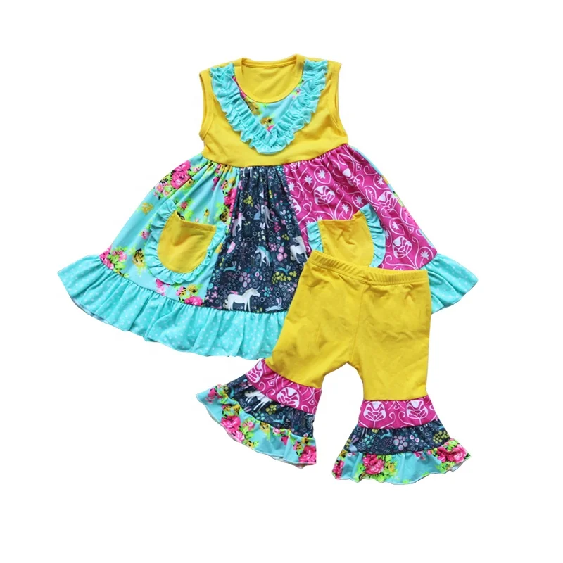 

Children Capri Summer Outfits Girl Panels Press Colorful Pattern Ruffled Clothes Set