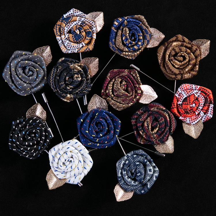 

Free Shipping New Design Men Wedding Flower Lapel Pin Suit Boutonniere Fabric Brooches Pin Button Stick Flower Brooches, 12 colors as photos