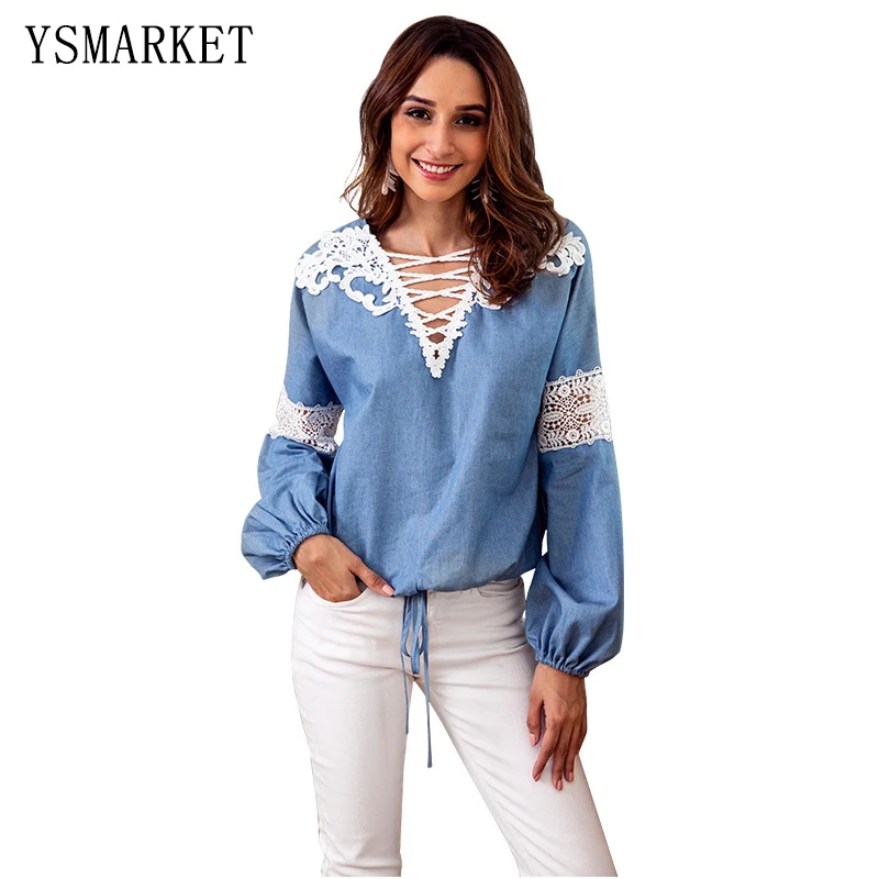 

Denim Blue Shirt for Women Long Sleeve Hollow Out Lantern Sleeve Sexy Deep V-Neck with Belt Blouse Lace Female Top E2001