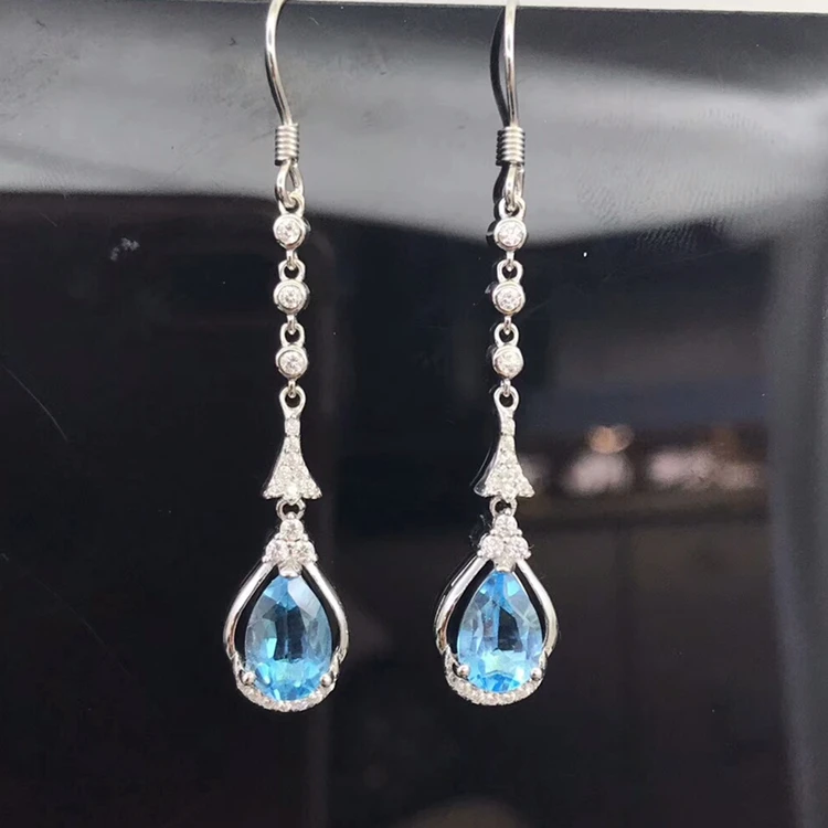 

trendy 925 sterling silver plated zircon natural blue topaz gemstone drop earrings for female