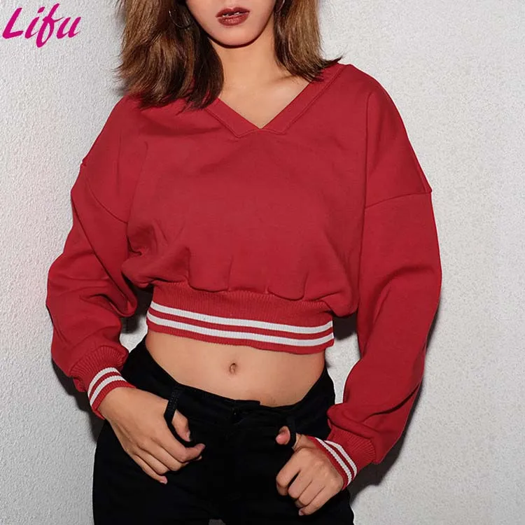 

Lifu Fashion Women Sweatshirt Blank Plain Long Sleeve Crop Top Mujer, Red/black