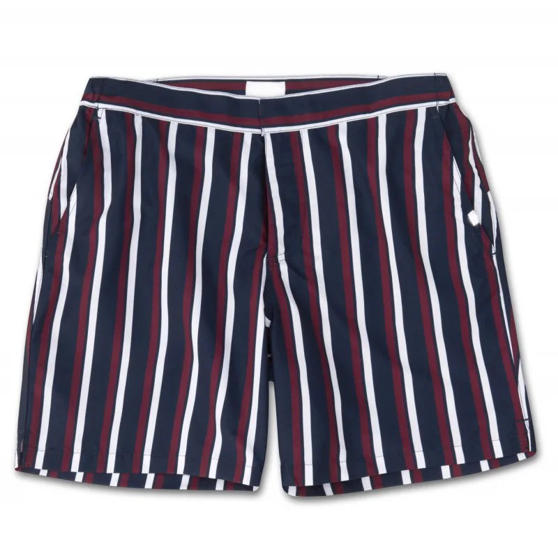 

Mens Modern Fit Burgundy White and Navy Striped Short Buttons Fly Swimshorts, Customized colors