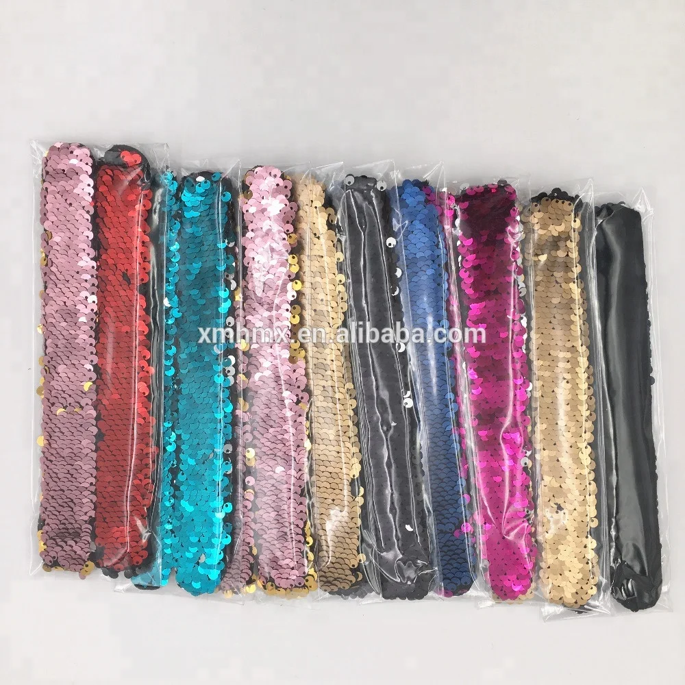 

Wholesale High Quality Mermaid Sequin Slap Bracelets Wristband Two Tone Reversible Sequin Cheap Slap Bracelet, More than 40 colors (or customize)