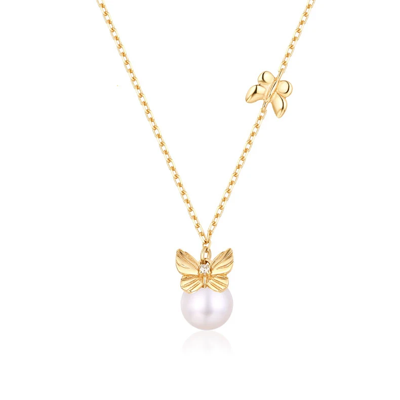 

Dainty women gold jewelry 925 silver butterfly natural pearl necklace