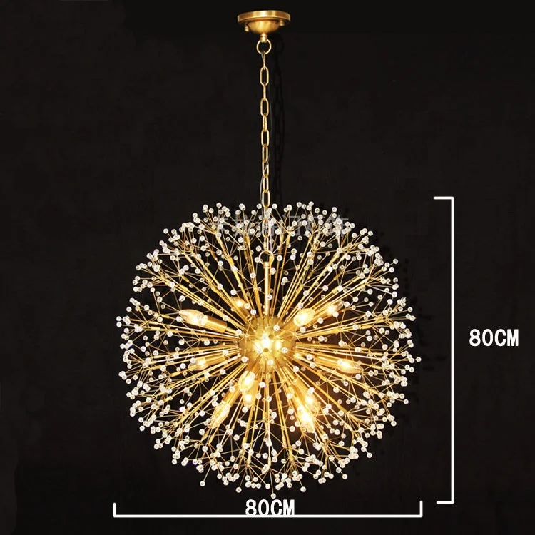 Indoor Dandelion crystal pendant lights hotel villa application luxury LED gold chandeliers hanging lamps for wedding banquet