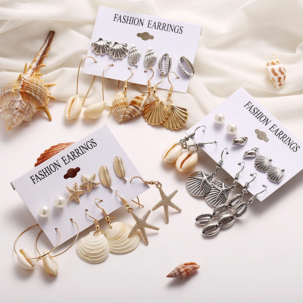 

Summer Bohemian Antique Gold Silver Beach Jewelry Set Cowrie Shell Earrings Natural Sea Starfish Conch Shell Earring Set