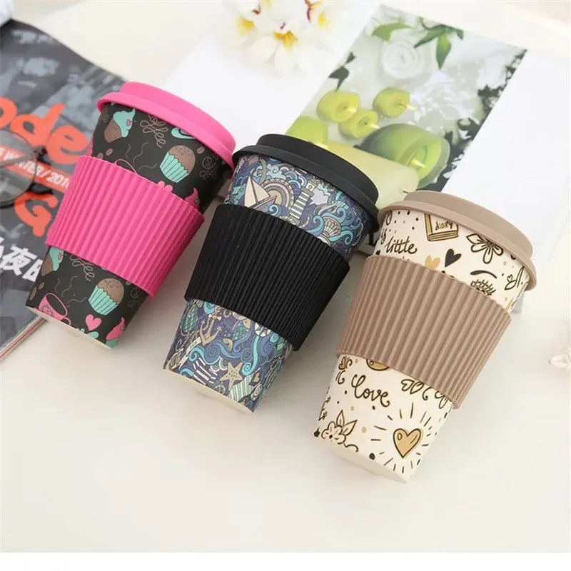 

Customized Silicone Lid Sleeve Biodegradable Bamboo Plastic Coffee Mug Cup, Pink blue green natural and customized pantone
