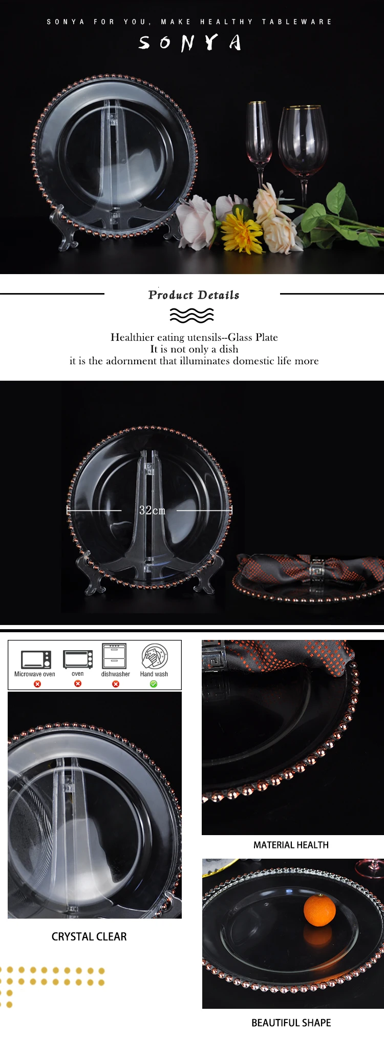 Classic 13 Inch Gold Beaded Charger Plate,Wedding Clear Glass Charger