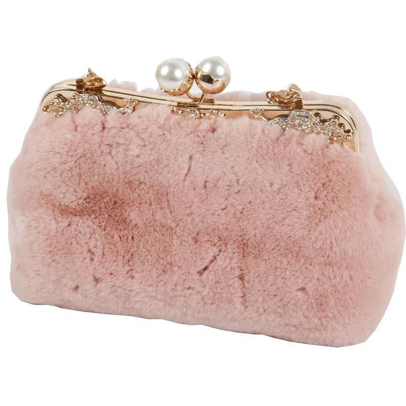 
Wholesale rabbit hair ladies handbag with diamond lock buckle fur bag new winter fashion shoulder bag Messenger bag 