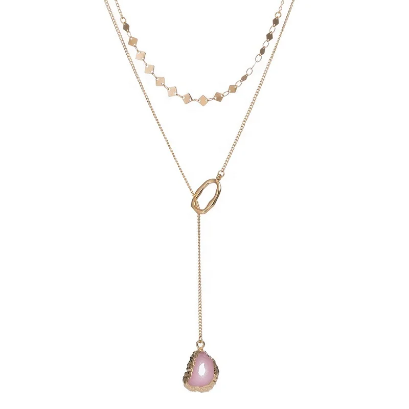 

pink necklaces multilayer for women gold plated with natural pink stone pendant
