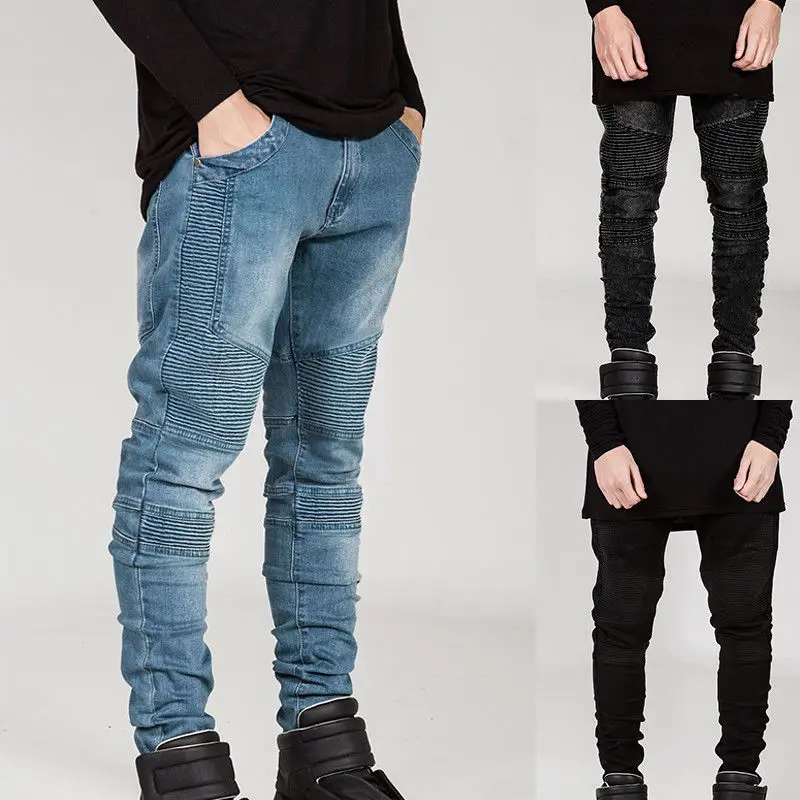 Mens Skinny Biker Jeans Destroyed Frayed Designed Slim Fit Denim Pants