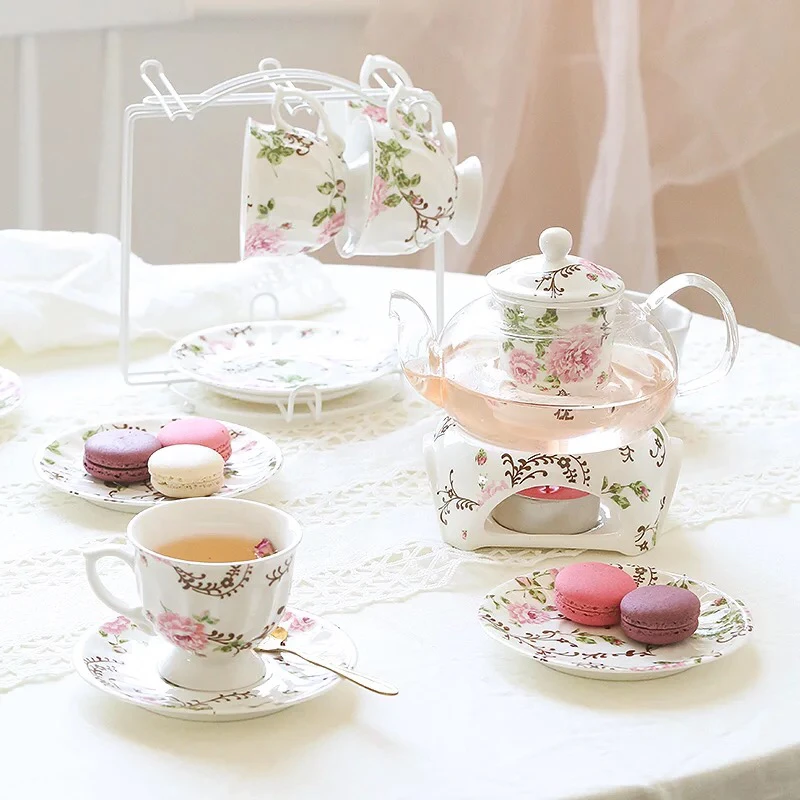 

Heat resistant floral antique glass german tea set and coffee set with rack, White