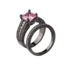 Micro paved zirconia black gold plated rose quartz silver men rings set