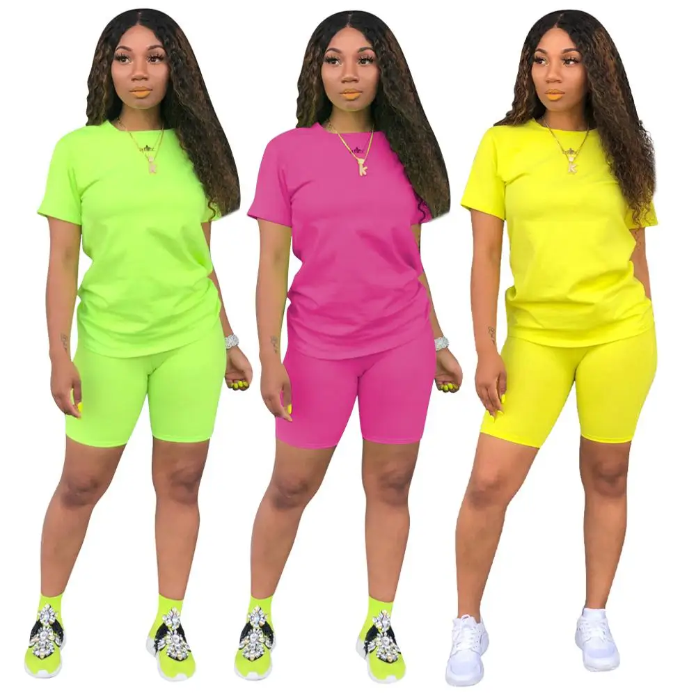 

Ready to ship Summer neon yellow pure women two piece set shorts women clothing, N/a