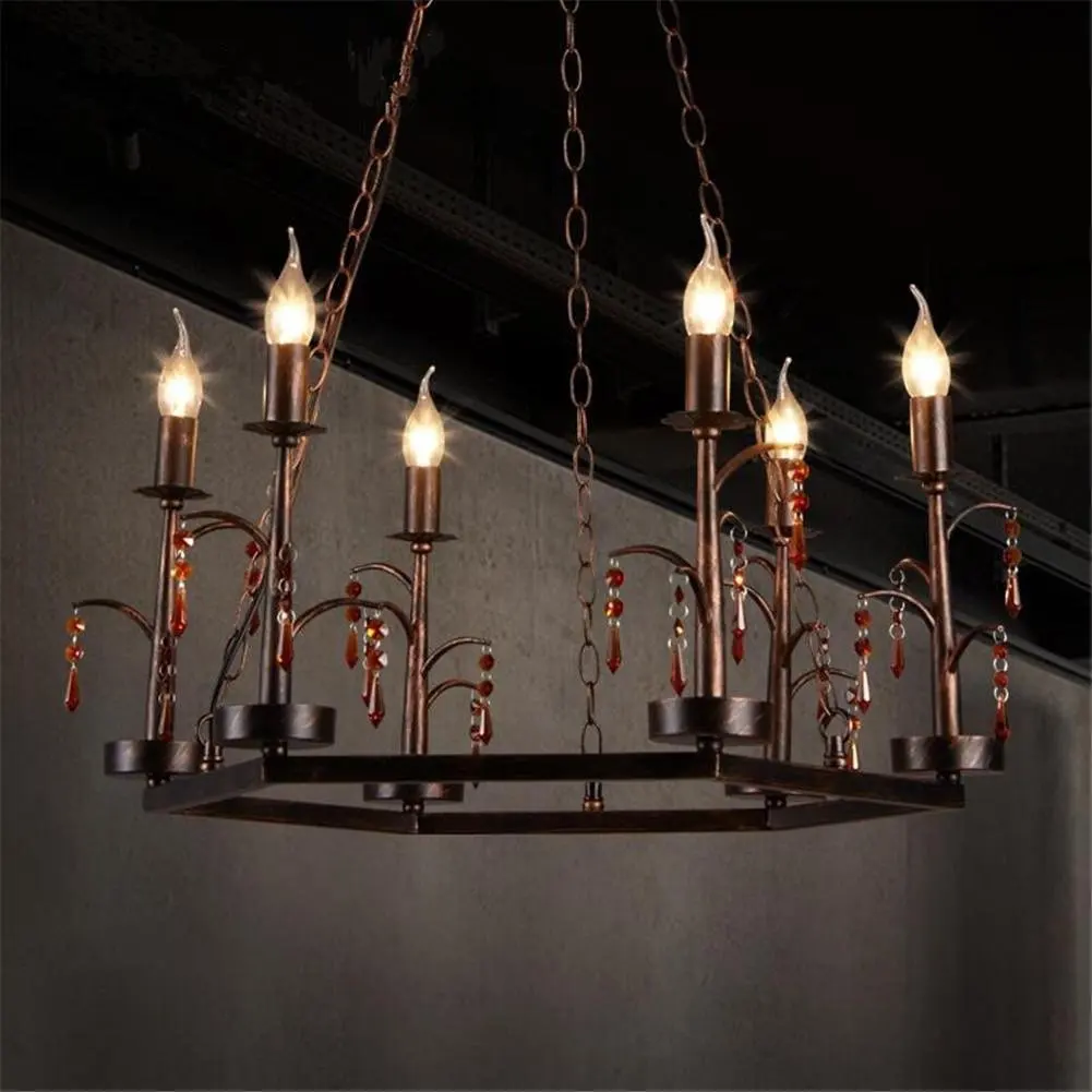 DHXY Retro Chandelier LOFT Industrial Vintage Rusty Color Wrought Iron Crystal Candle Pendant Ceiling Light 6 Lights For Kitchen, Bar, Cafe, Restaurant