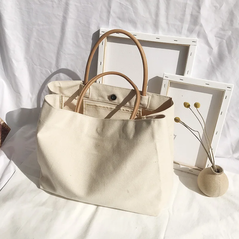 

Factory Direct Supply Customized Natural Color Eco Friendly Recycled Cotton Canvas Tote Shopping Bag with Leather Handle, Beige / custom color