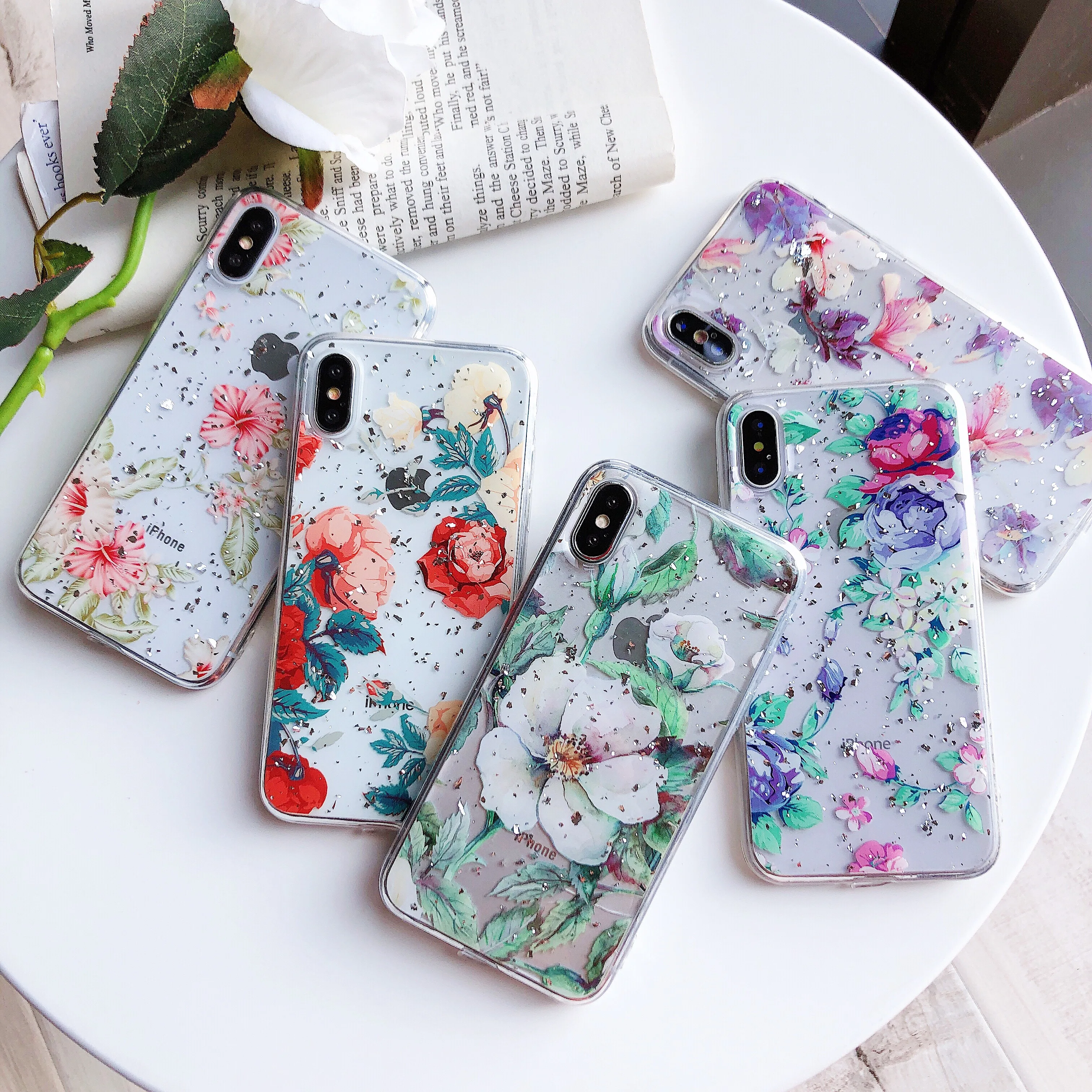 USLION Glitter Epoxy Gold Silver Print Rose Flower Soft Phone Case for iphone X XR XS MAX 6 7 8 Plus