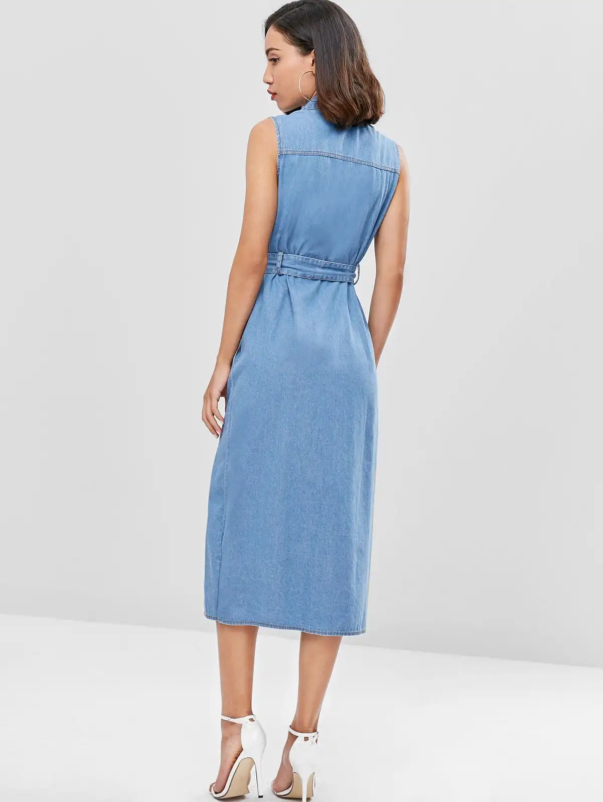 Summer Sleeveless With Blet Design Casual Dresses Length Denim Women Dresses for Lady