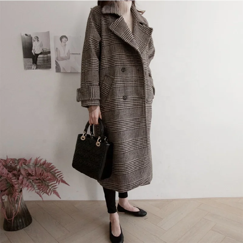 
Add More Cotton Cloth Overcoat Female Woolen Cloth Dust Coat Big Yards Long Grid Winter Coat 
