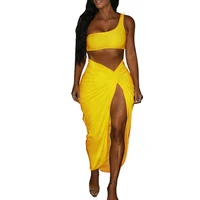 

2019 hot sell 5 color women clothing summer one shoulder Two Piece crop top vest skirt Outfits 2 Piece Set