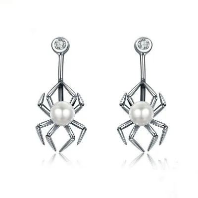 

Trendy 925 Sterling Silver Spider Pearl Stud Earrings CZ Insect Jewelry for Women