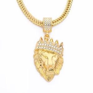 2017 New HipHop Crown Lion Head Pendant Gold Men Statement Necklace