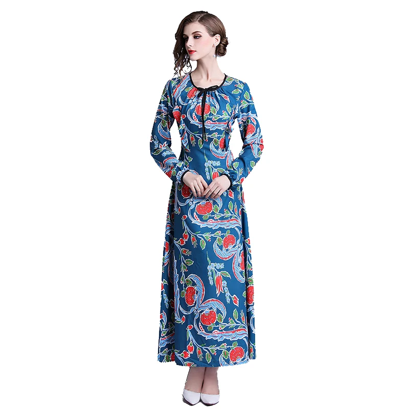 

Flower Print Dresses Turn-down collar Maxi Dress