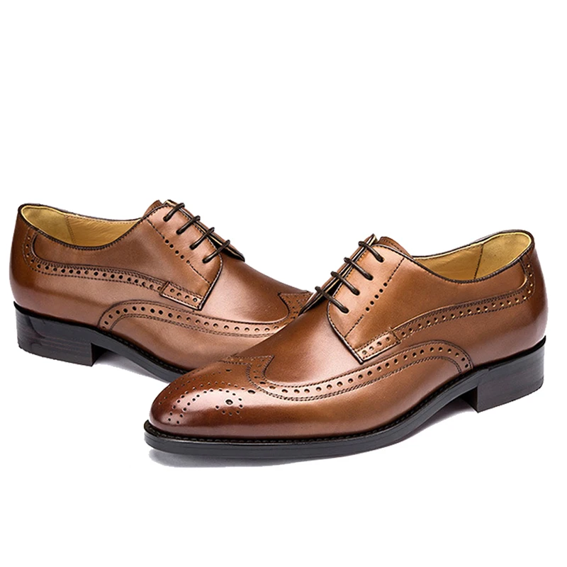 

Yuhuang round toe full brogues full grain calf leather bespoke mens handmade shoes, Brown