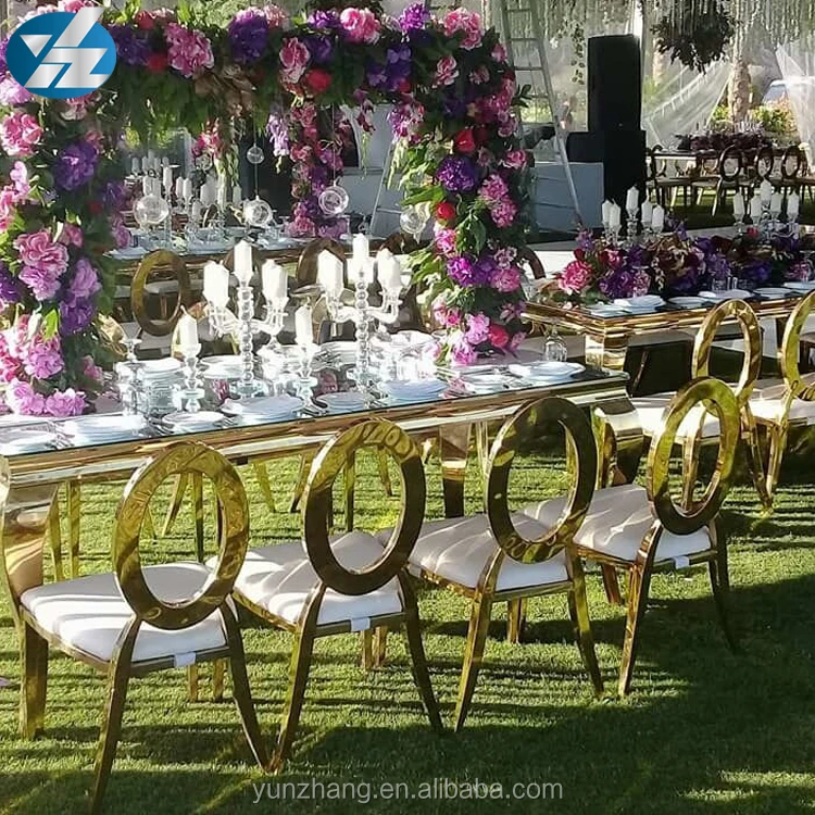 
Gold Stainless Steel Frame Mirror Glass Top Banquet Table 