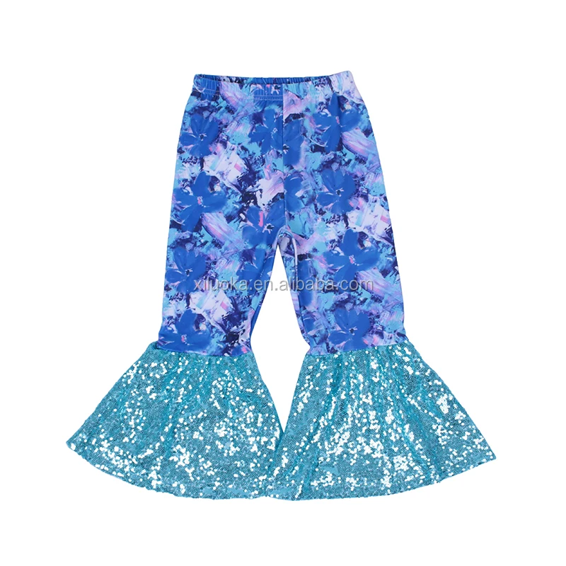 

Hot Style Print Columbian Blue Sequin Flare Pants Floral Girls Baby Pants, Picture