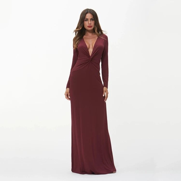 

Wholesale quality fall winter floor length deep v neck red long dresses women evening night party wear gowns for ladies, Black;red;wine red dresses women evening